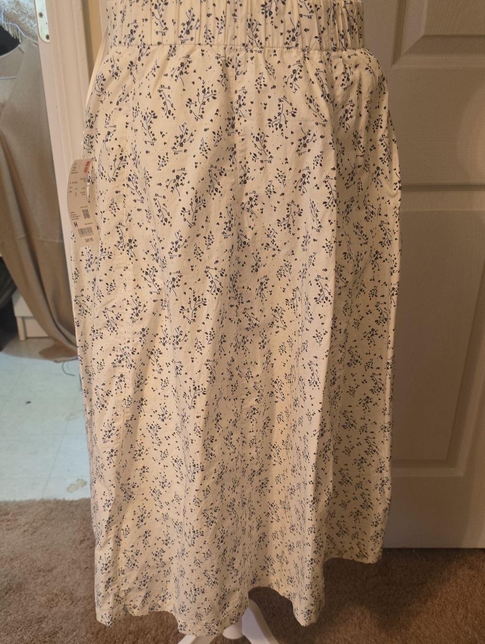 Uniqlo Cream Midi Skirt with Navy Ditsy Floral